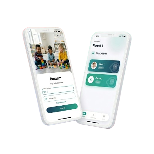 Baraem mobile app showing attendance and parent timeline screens